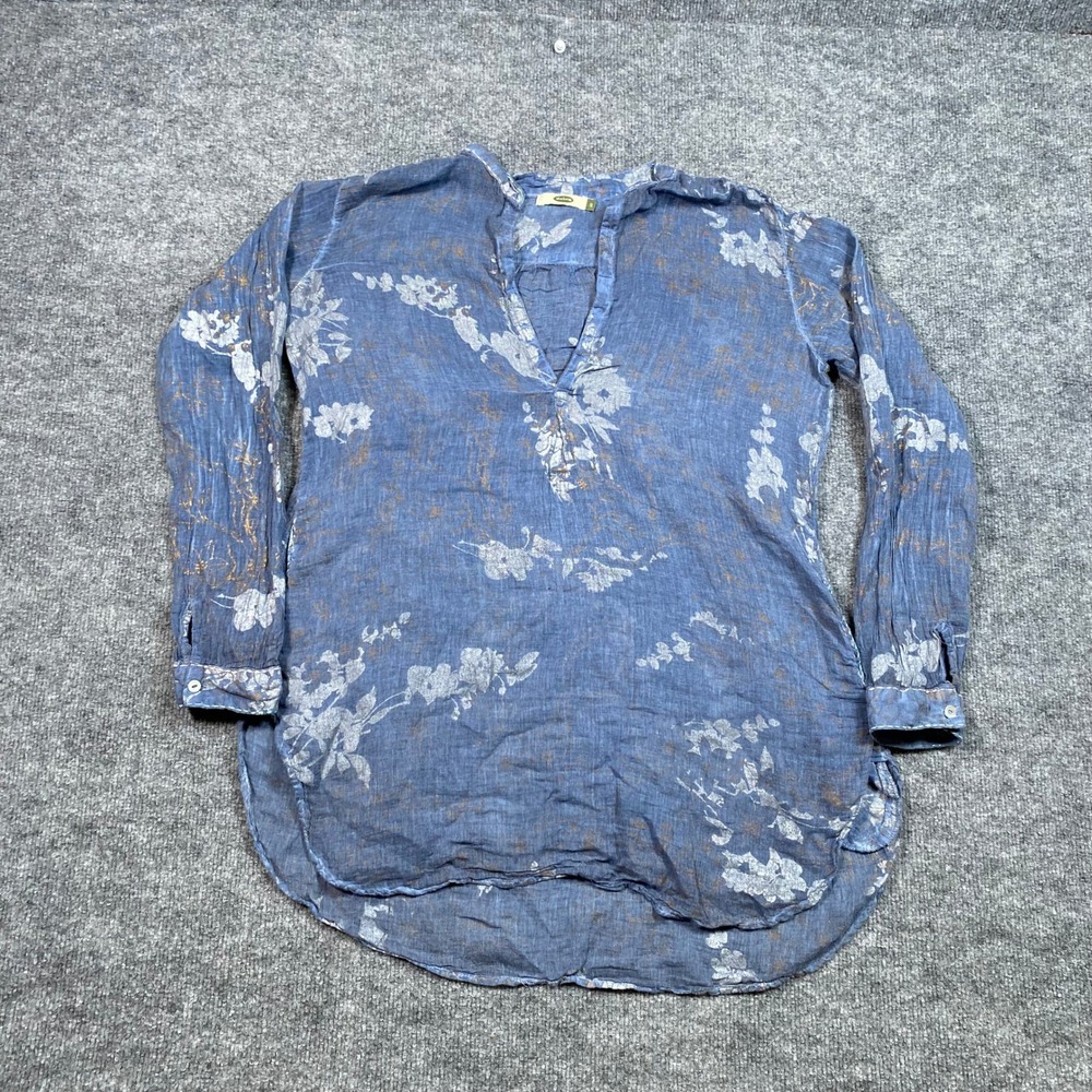Dolma‎ Women Blue Floral Cotton Gauze Tunic Top Split V-Neck Boho Small